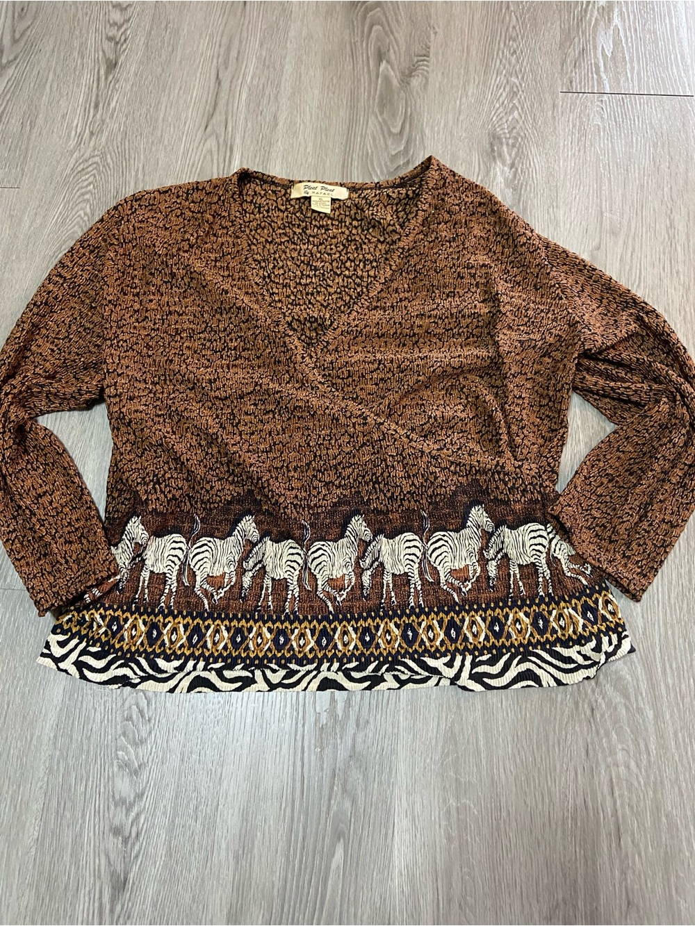 RAFAEL Brown V-Neck Top with Zebra Border and Tribal Trim